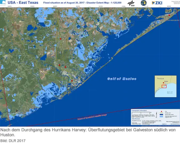 Ураган Харви позволяет извлечь уроки из планов по противодействию наводнениям: ученые используют спутниковые данные для составления карты района Хьюстон-Галвестон, пострадавшего от урагана Харви
